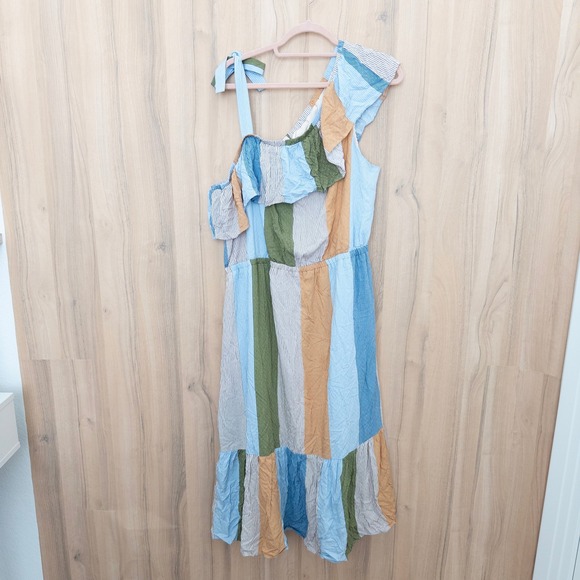 LC Lauren Conrad Dresses & Skirts - Lauren Conrad Tiered Maxi Dress XXL Stripe One Shoulder Cottage Coastal Boho